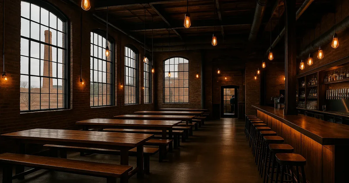 Converted brick tobacco-factory taproom with tall industrial windows, long communal tables and an old smokestack visible outside