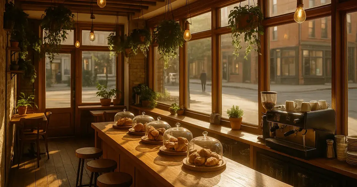 Warm independent coffee shop and bakery with big windows, pastries under glass domes and morning light across a wooden counter