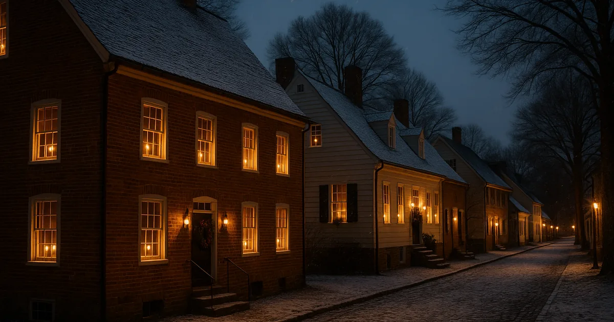 Colonial-era village street at night in December with candles glowing in every window of restored brick and clapboard houses