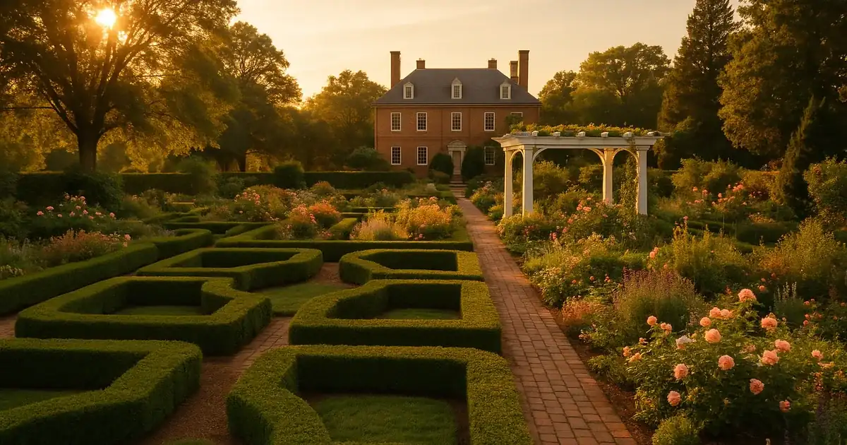 Formal boxwood parterre garden with brick paths and a white pergola in front of a historic brick manor at sunset