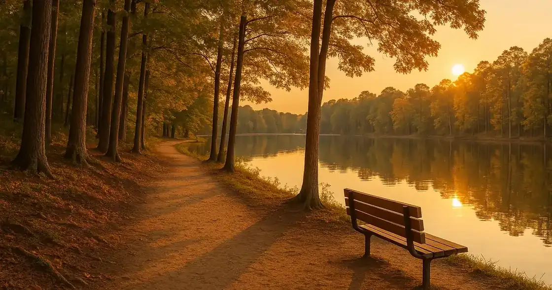 Shaded natural-surface trail along the shoreline of Salem Lake at golden hour with an empty wooden bench