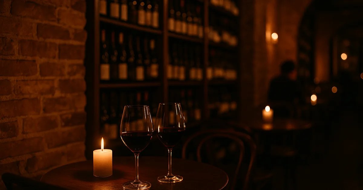 Candlelit wine bar with exposed brick, shelves of bottles and two glasses of red wine on a small table